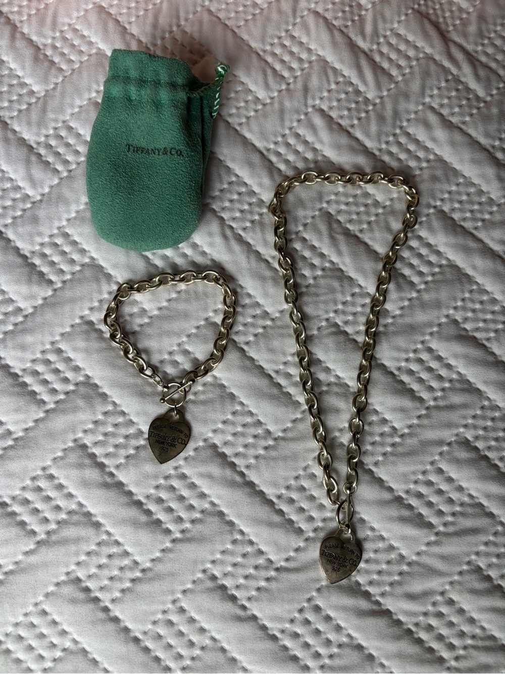 Tiffany & Co. Silver Heart Tag Necklace and Bracelet with Blue-Green Pouch